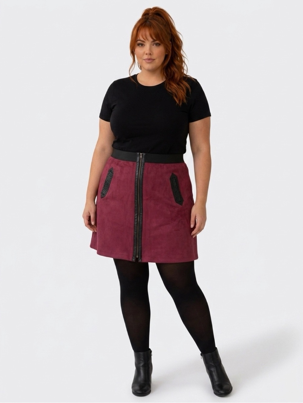ECI Burgundy A-Line Skirt with Black Trim and Front Zip